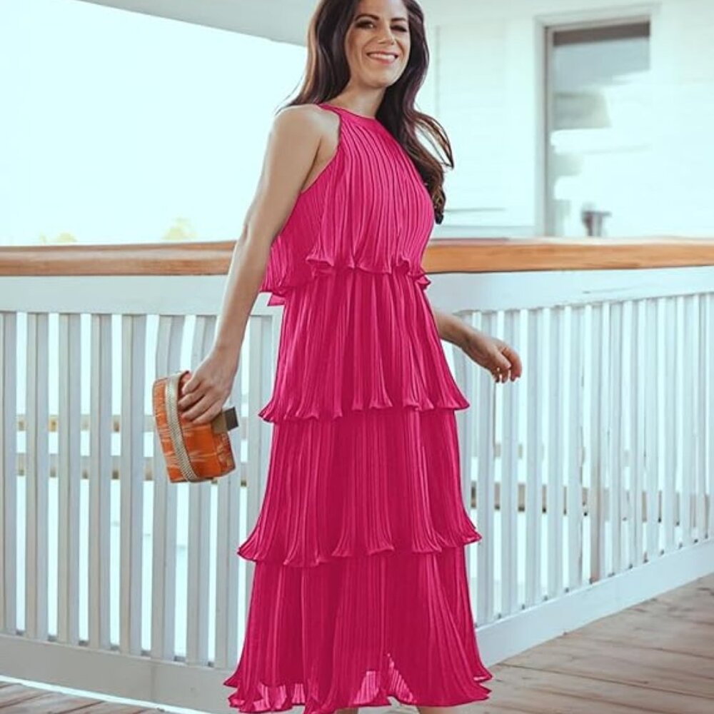 ZESICA Summer Sleeveless Halter Neck Ruffle Chiffon Dress Small, Rose